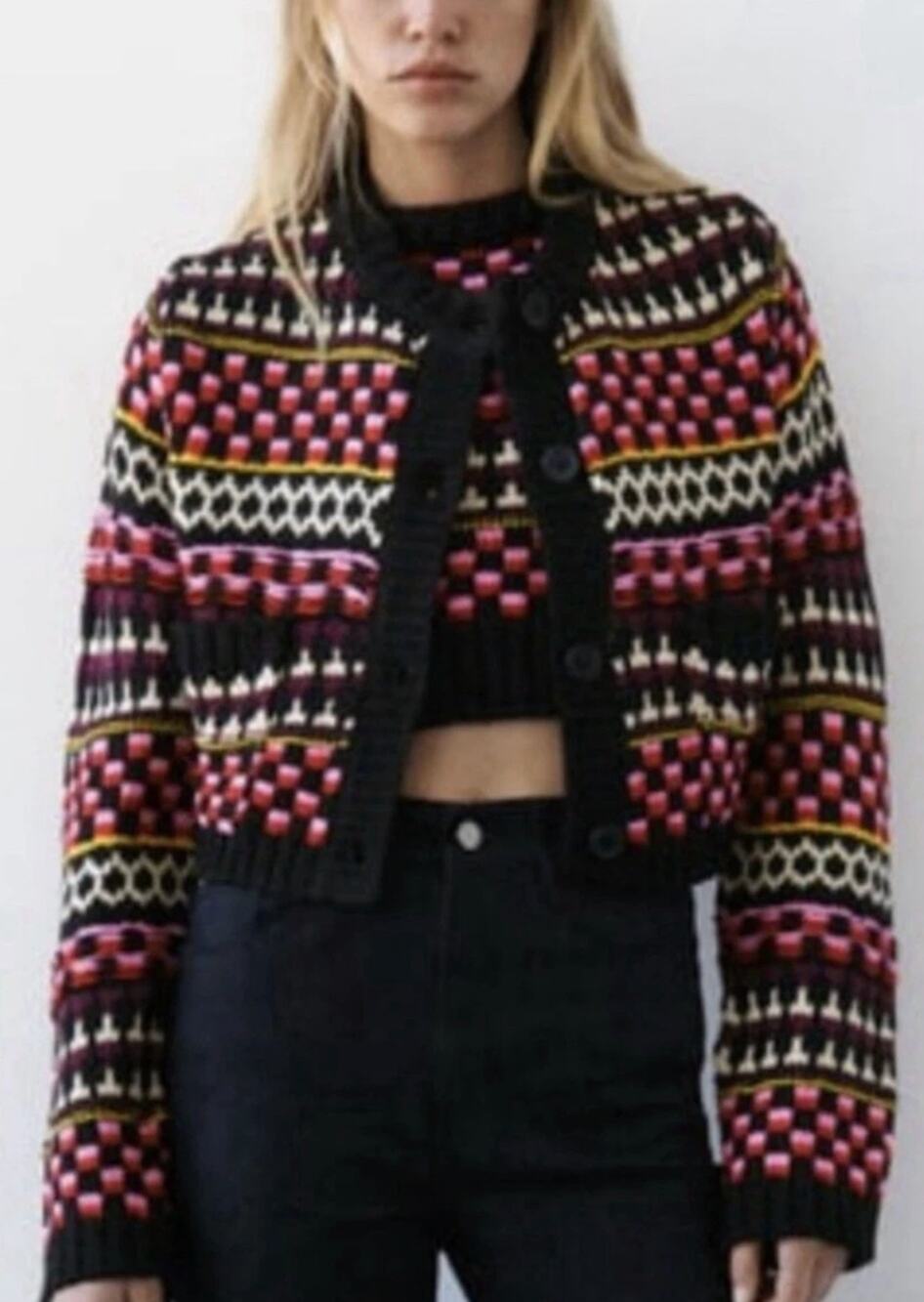 NWT Industry Fair Isle Knit Cropped Cardigan Pink Black XS Ski Y2K Fall Cottage